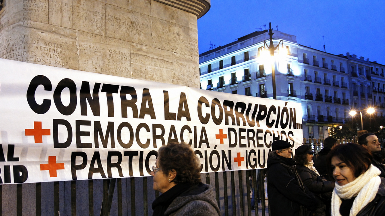 Lona que denuncia la corrupci&oacute;n en Espa&ntilde;a