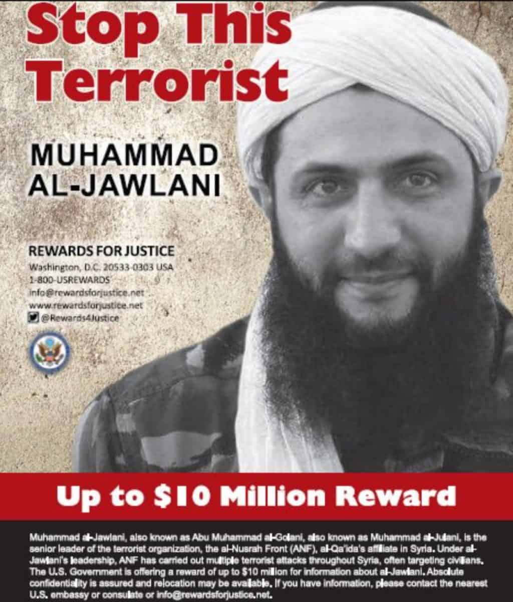 Cartel del Departamento de Estado de los EEUU en el que se ofrecían "hasta 10 millones de dólares" por información relacionada a al Sharaa.