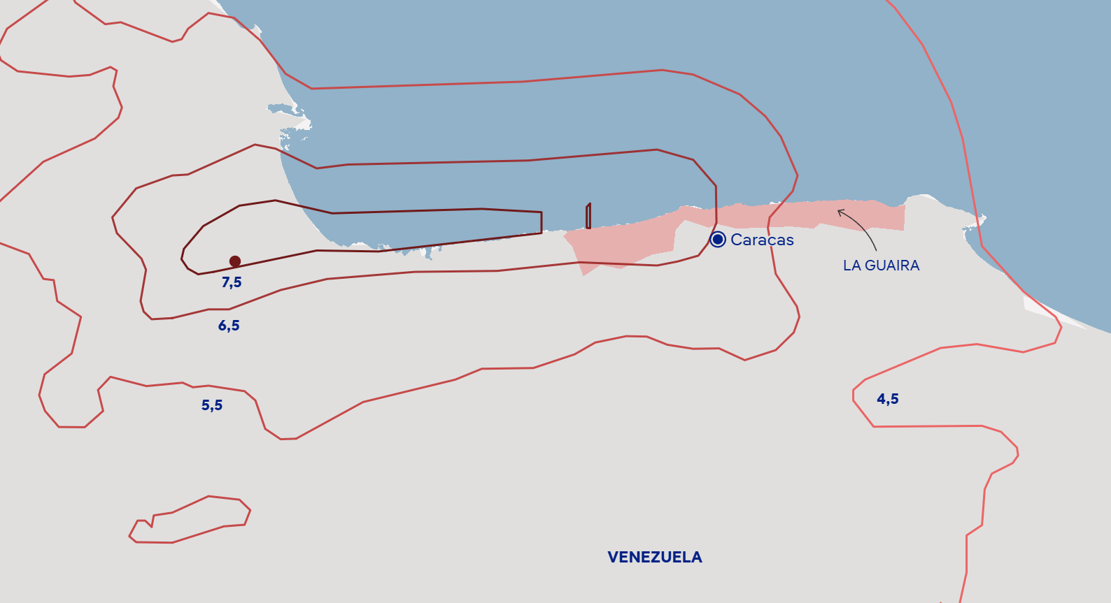 Mapa del terremoto de 7,5 en Yumare, al norte de Venezuela. United States Geological Survey/OpenStreetMap